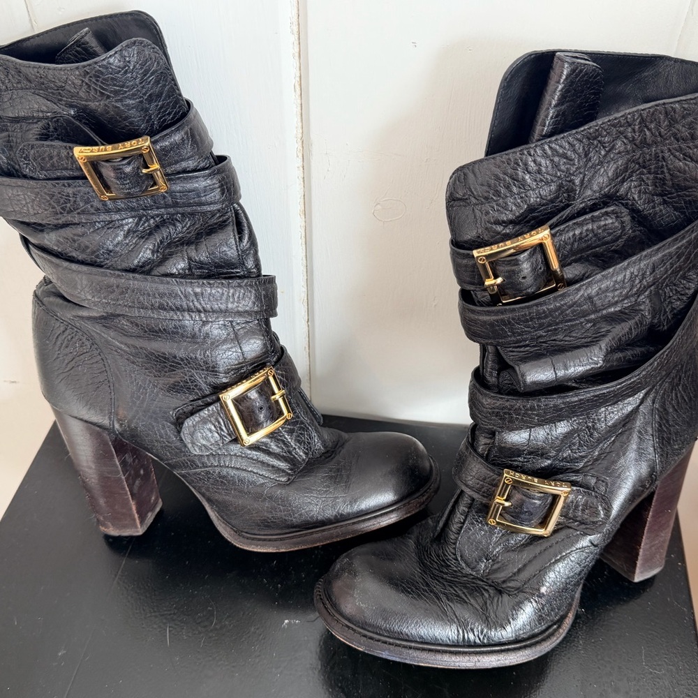 Tory Burch Black Leather 2 Buckle Boots